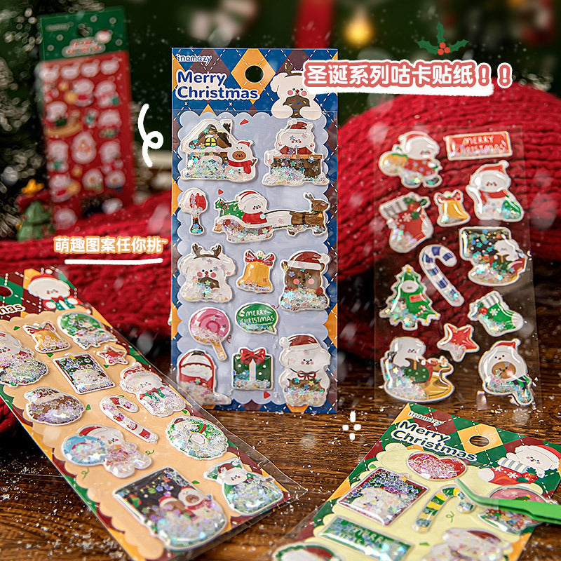 3D Laser Flash Christmas Stickers DIY Handmade Cartoon Cute Santa Claus tree Sticker Gifts