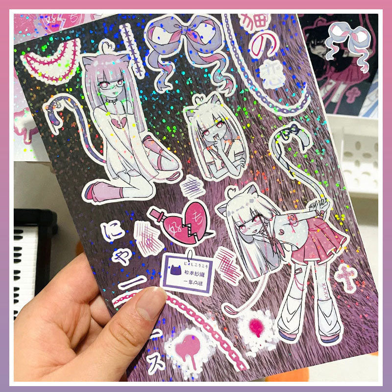 Laser Q Version Character Sticker Cat Ear Girl Cartoon Decoration Waterproof Sticker DIY Hand Account Girl Sticker