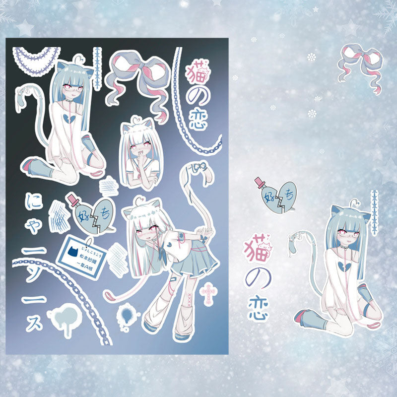 Laser Q Version Character Sticker Cat Ear Girl Cartoon Decoration Waterproof Sticker DIY Hand Account Girl Sticker