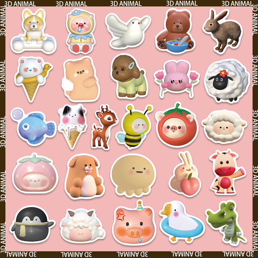 52pcs Cute 3D Animal Sticker DIY Decoration Book iPad Phone Case Suitcase Waterproof Hand Account Sticker