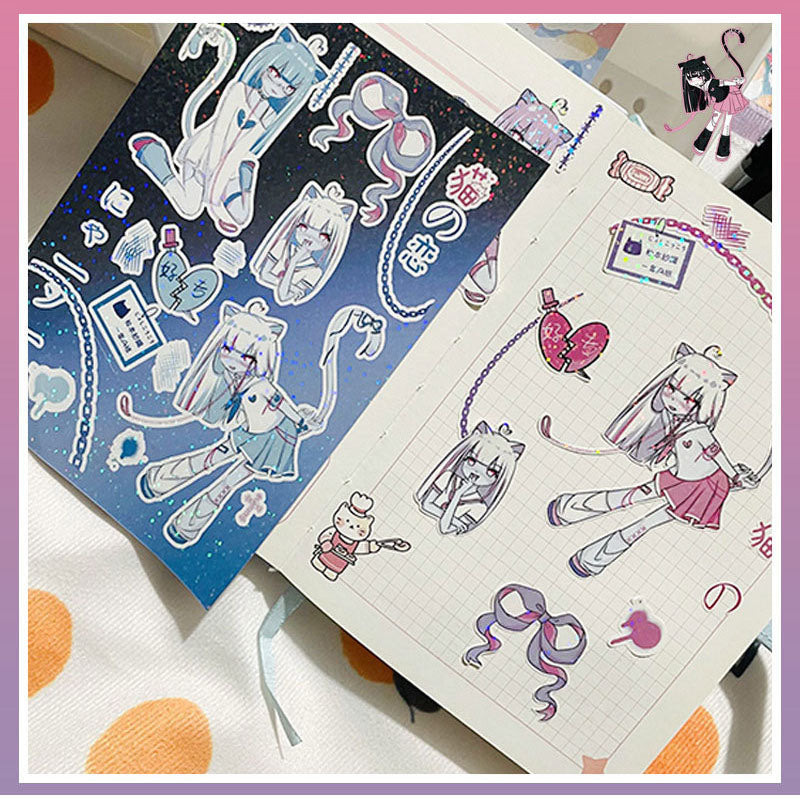Laser Q Version Character Sticker Cat Ear Girl Cartoon Decoration Waterproof Sticker DIY Hand Account Girl Sticker