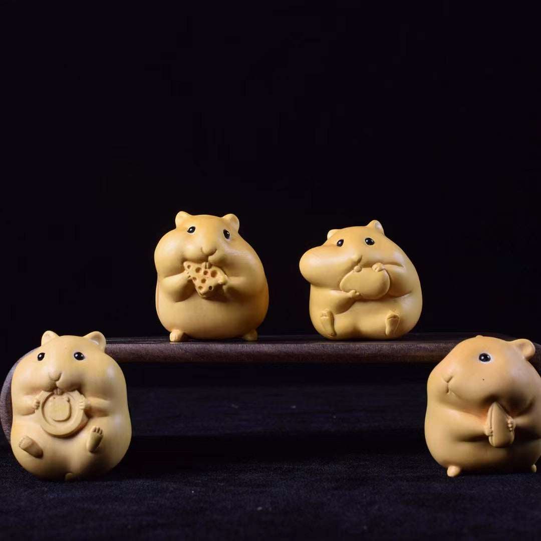 Boxwood carving Greedy hamster four brothers Handicrafts Cte small animal jewelry Handmade