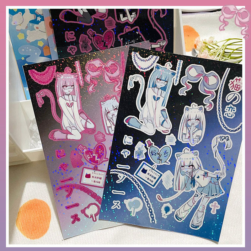 Laser Q Version Character Sticker Cat Ear Girl Cartoon Decoration Waterproof Sticker DIY Hand Account Girl Sticker