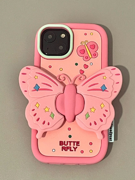 Pink Three-dimensional Butterfly Bracket Phone Case Shockproof All-inclusive Silicone Phone Case