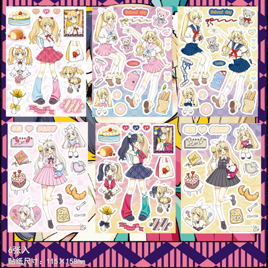 6pcs Cartoon Kawaii Little Girls Stickers Cute Decorative Phone Case Hand Account Sticker