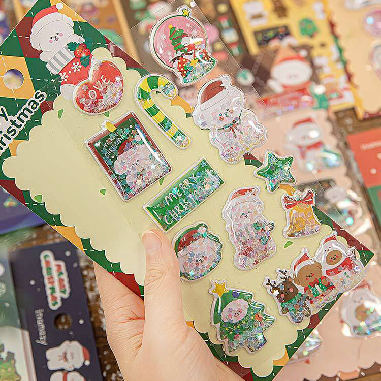 3D Laser Flash Christmas Stickers  DIY Handmade Cartoon Cute Santa Claus tree Sticker Gifts