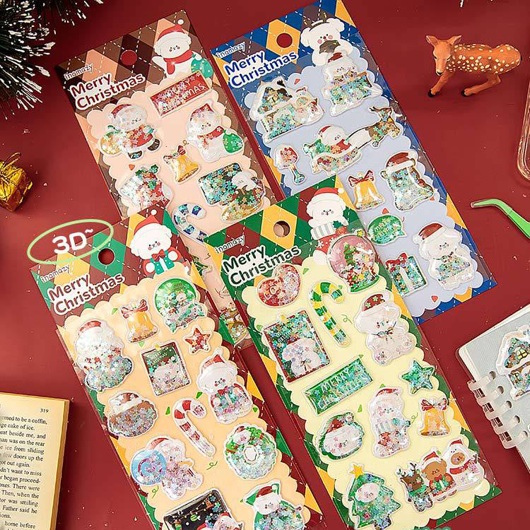 3D Laser Flash Christmas Stickers  DIY Handmade Cartoon Cute Santa Claus tree Sticker Gifts