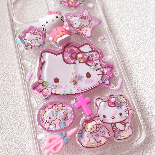 Sticker 3D With Water Shaker Cartoon Crystal Sticker Cute Kitty Quicksand Decoration Sticker